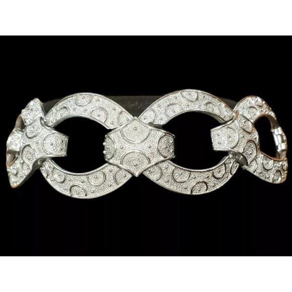 Crown Trifari Bracelet Silver Tone Circles Oval Textured Chunky Wide Links VTG - Picture 3 of 11